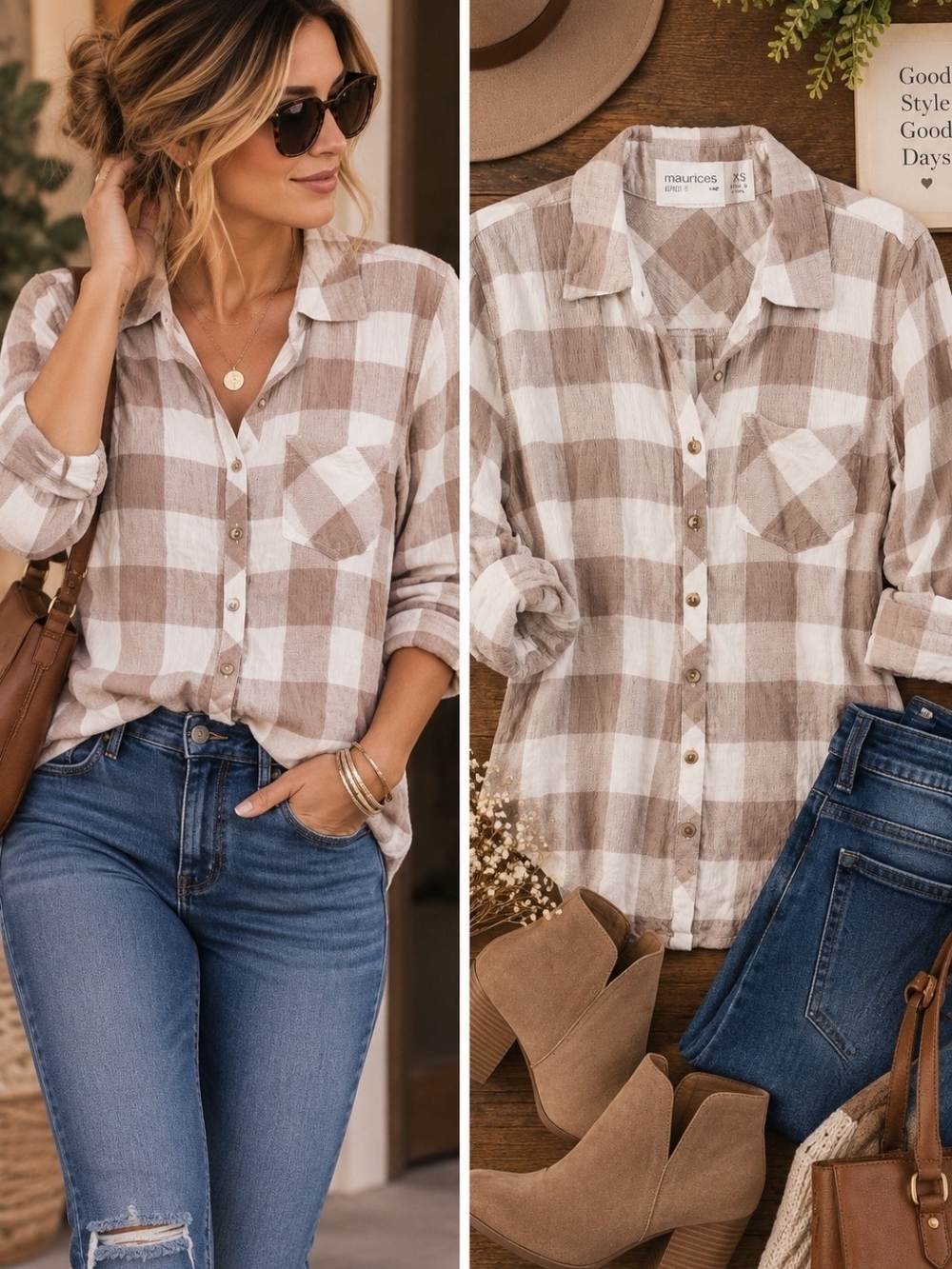 Maurices Buffalo Plaid Button Up Shirt Taupe Ivory Relaxed Fit XS Beige